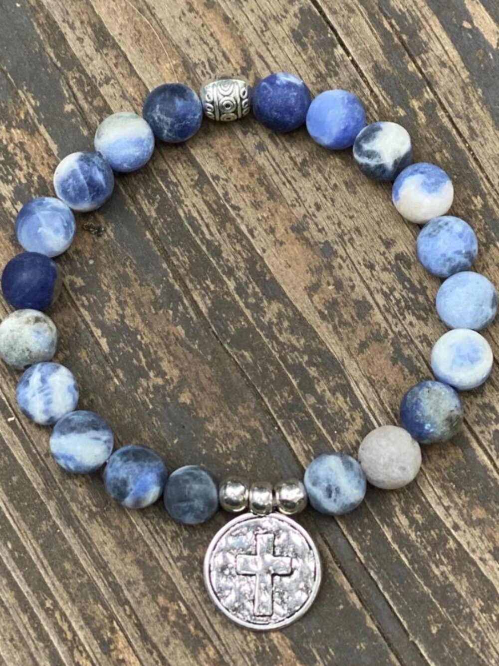 Natural Stone Cross Charm Stretchy Bracelet